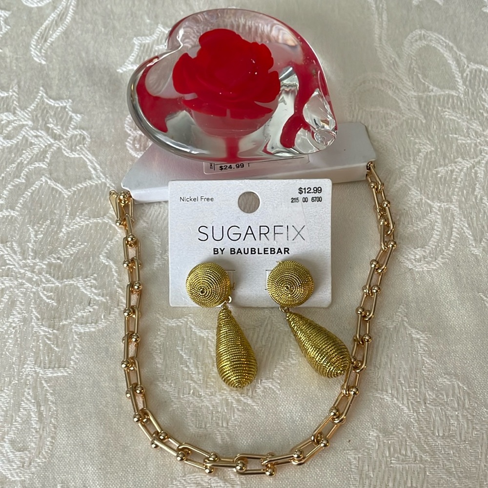 New On Cards Sugarfix Baublebar Gold Tone Necklace & Dangle Earrings